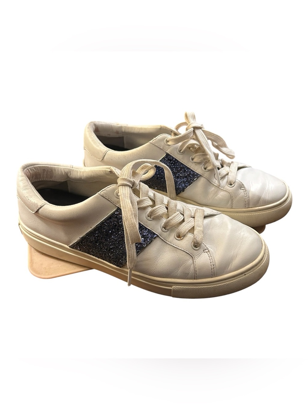 Tory Burch Carter White Leather Blue Glitter Sneakers Size 8M - Picture 3 of 8